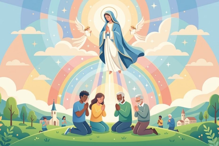 Confiance en la Puissance de l’Intercession de Marie - des mains priant sur terre reliées par un faisceau lumineux à la silhouette de Marie au ciel